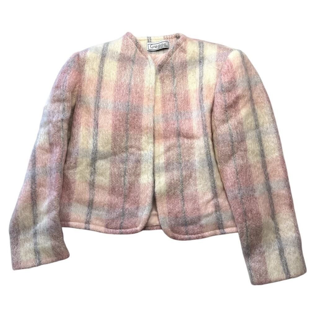 VTG 90s Gregge Sport Mohair Cropped Pink Plaid Jacket USA Made Sz 4
